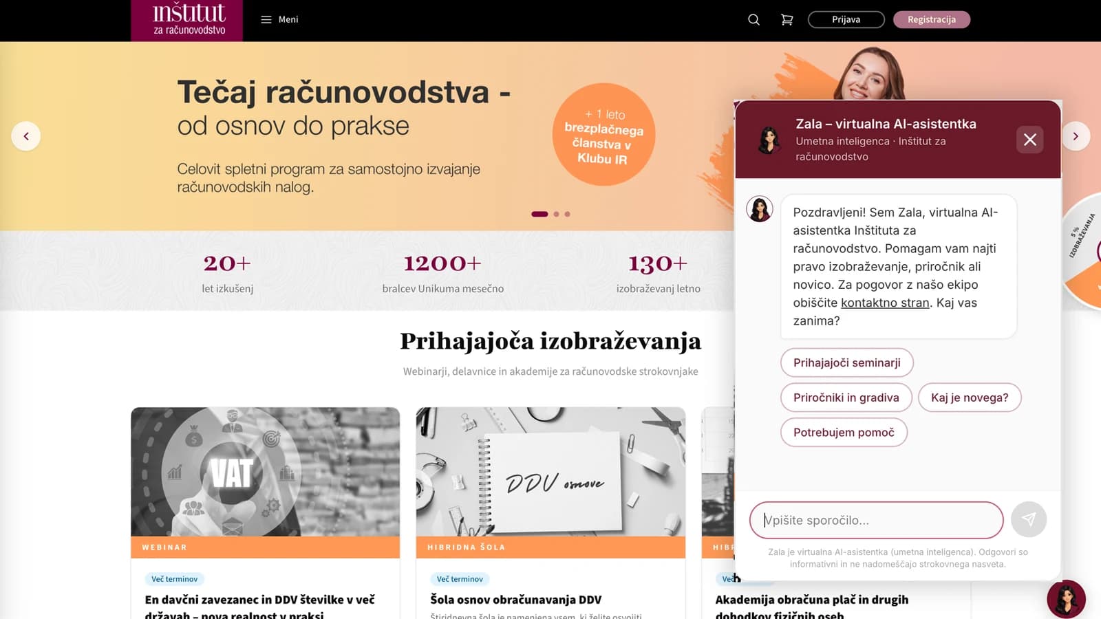 Prenovljena stran Inštituta za računovodstvo z odprtim pogovorom AI svetovalke, ki ponuja seminarje, priročnike in pomoč